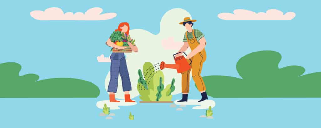 Man and woman watering their vegetable garden