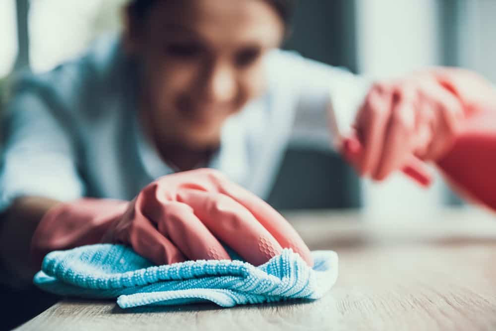 6082018 Young Smiling Woman in Gloves Cleaning House tips on how to clean house after pesticide